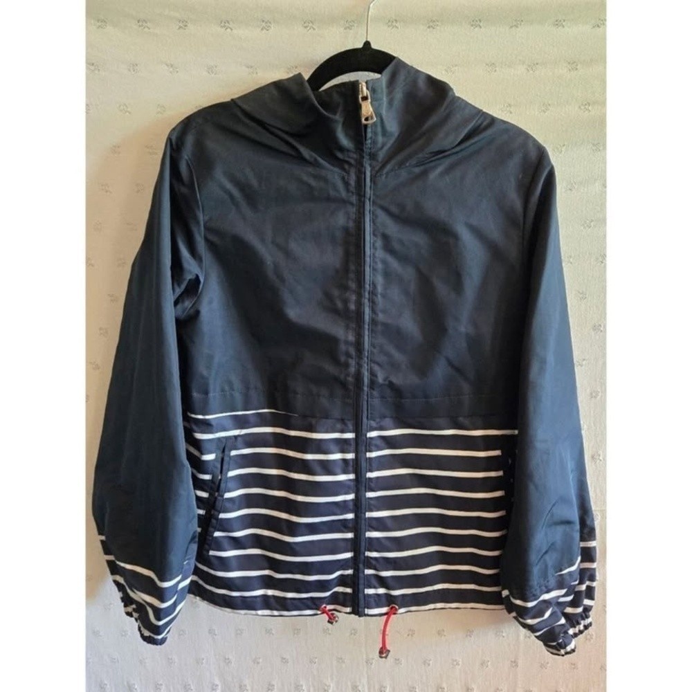 Vince Camuto Navy & White Striped Hooded Windbreaker Water Resistant Size M